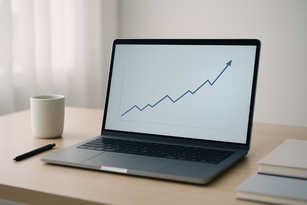 Clean, photo-realistic scene of a minimalist investor's desk: a sleek open laptop on a light wood surface displays a simple upward-trending line chart with no numbers or labels, while a subtle translucent AI circuit pattern softly glows across part of the screen to suggest machine learning analysis.