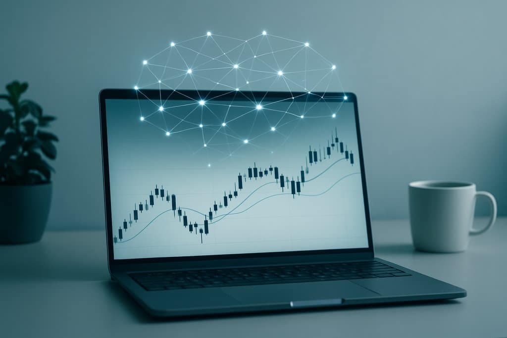 Espaço de trabalho minimalista: um laptop limpo sobre a secretária mostra um gráfico de velas reduzido com duas médias móveis — a imagem de um trader silencioso e automatizado em ação.