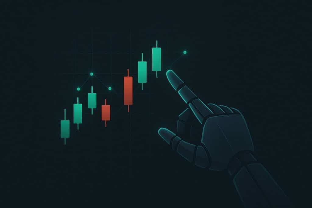 Ilustração minimalista em modo escuro de um bot de trading abstrato: uma mão robótica geométrica e elegante a esticar-se em direção a um gráfico de velas flutuante composto por simples barras verdes e vermelhas sobre uma grelha ténue.