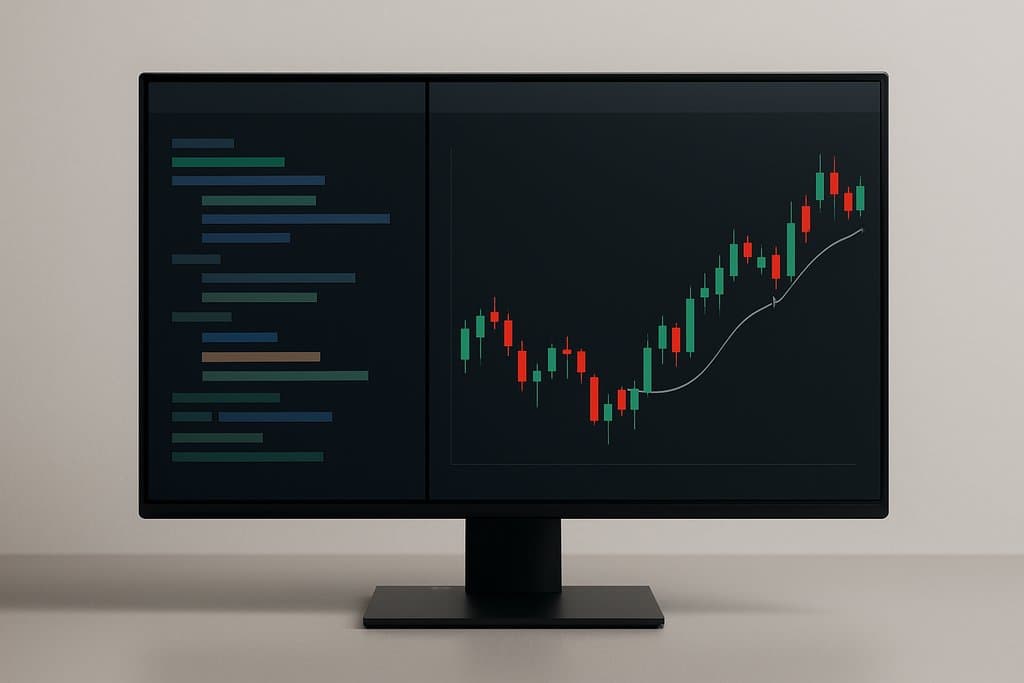 Minimal, clean scene of a modern dark-mode algorithmic trading platform interface on a single monitor.