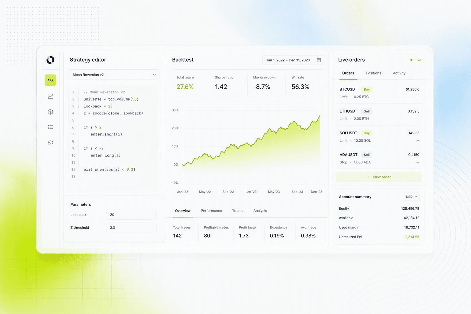 Single trading workspace showing strategy editor, backtest results and live orders