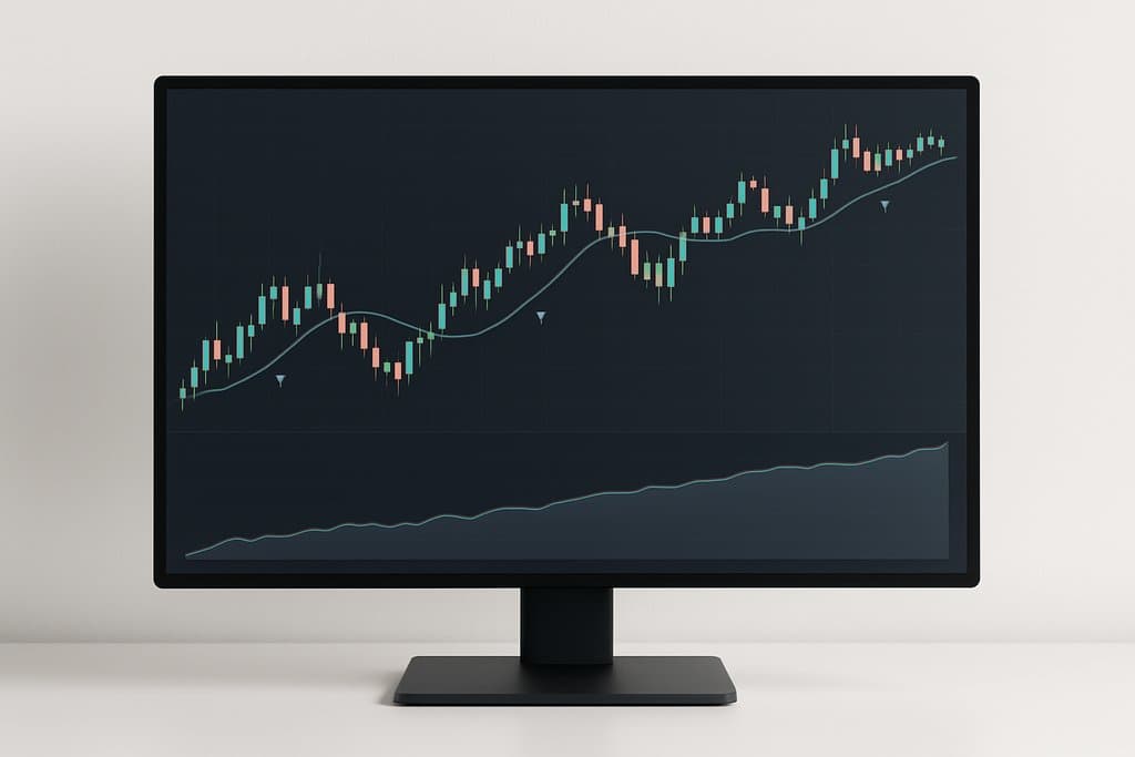 Ein sauberer, moderner Desktop-Monitor zeigt eine minimalistische Trading-Plattform: ein großer zentraler Candlestick-Chart mit zwei sanften gleitenden Durchschnittslinien und dezenten Kauf-/Verkaufspfeilen an ausgewählten Kerzen; darunter ein einfaches Equity-Curve-Panel mit einer stetigen Linie und einer leicht schattierten Drawdown-Fläche unter der Linie.