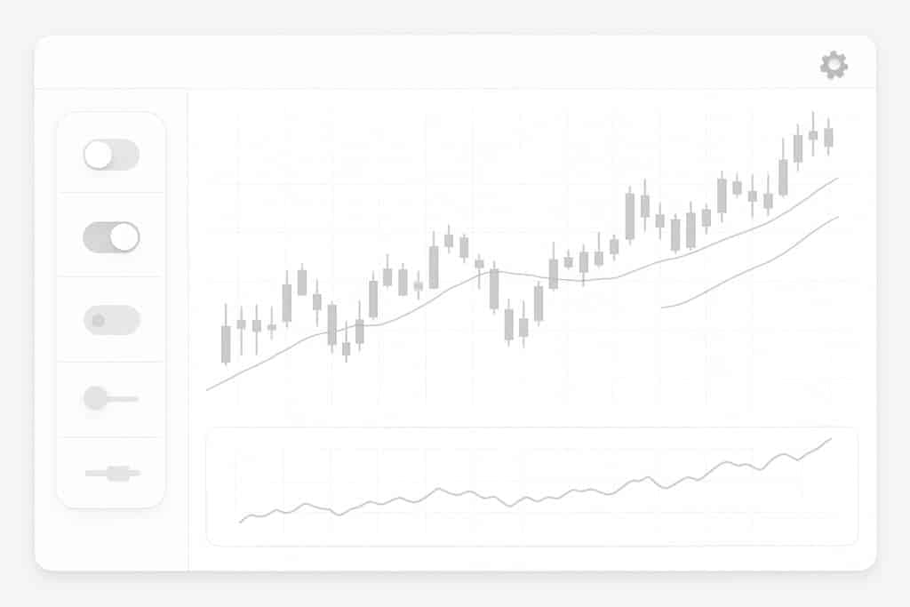 Un panel de plataforma de trading limpio y minimalista en tema claro con un gráfico de velas, un panel lateral de interruptores con iconos y una mini curva de equity.