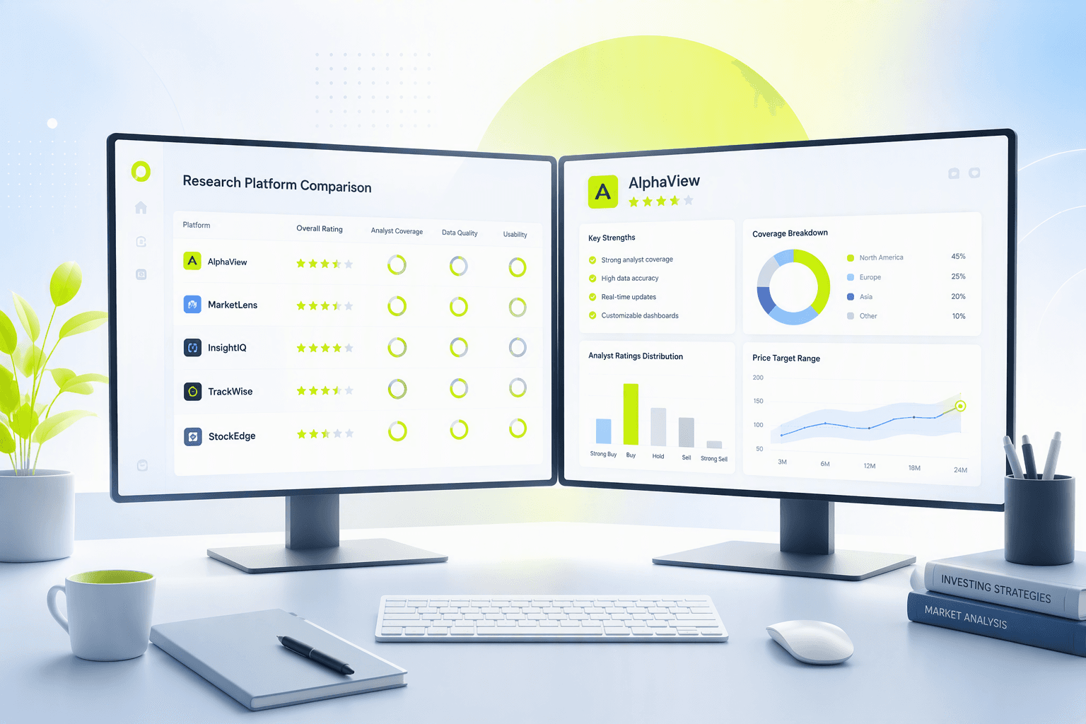 Investor comparing stock research platforms on two screens