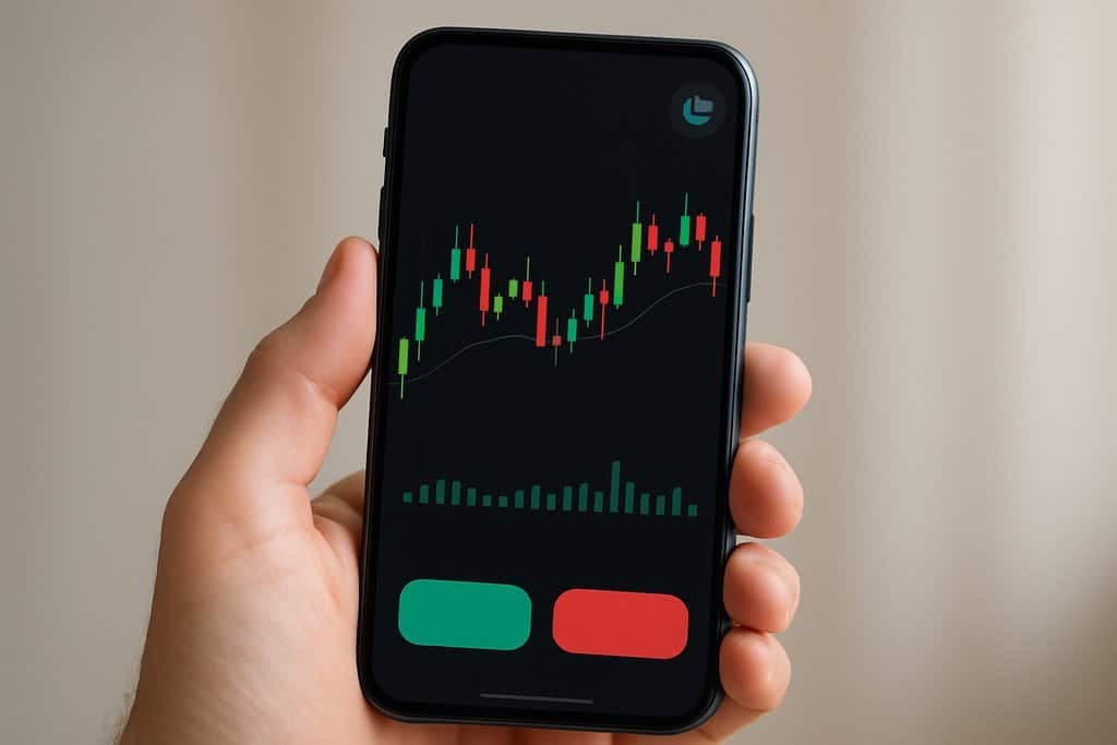 A clean, modern close-up of a smartphone displaying a minimalist trading app interface with a candlestick chart and color-coded action buttons.