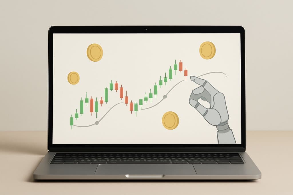 Eine klare, minimalistische Szene: ein Laptop auf einem neutralen Schreibtisch zeigt einen vereinfachten Krypto-Chart mit weichen grünen und roten Kerzen, einer einzelnen geglätteten gleitenden Durchschnittslinie, einigen dezenten kreisförmigen Markierungen für Kauf-/Verkaufspunkte und einer stilisierten Roboterhand oder einem Roboterarm, der sanft über dem Chart schwebt, um Automatisierung anzudeuten.