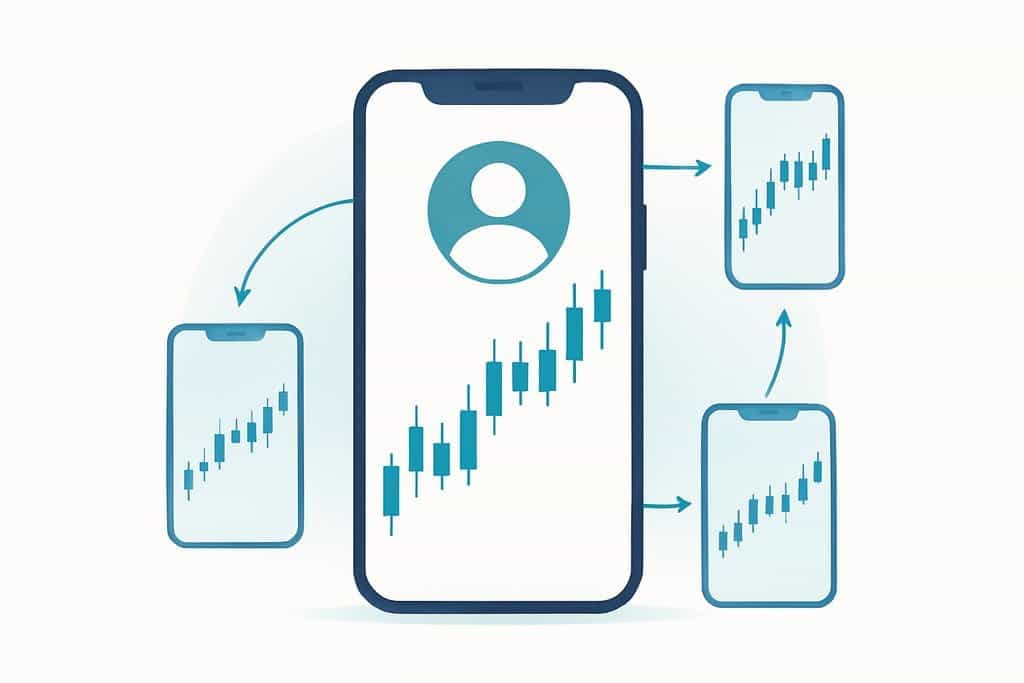 Ilustración minimalista del concepto de copy trading: un smartphone moderno central mostrando un gráfico de velas limpio y simplificado y una gran insignia de avatar abstracta, con tres teléfonos más pequeños alrededor conectados por finas líneas curvas y puntas de flecha que indican replicación.