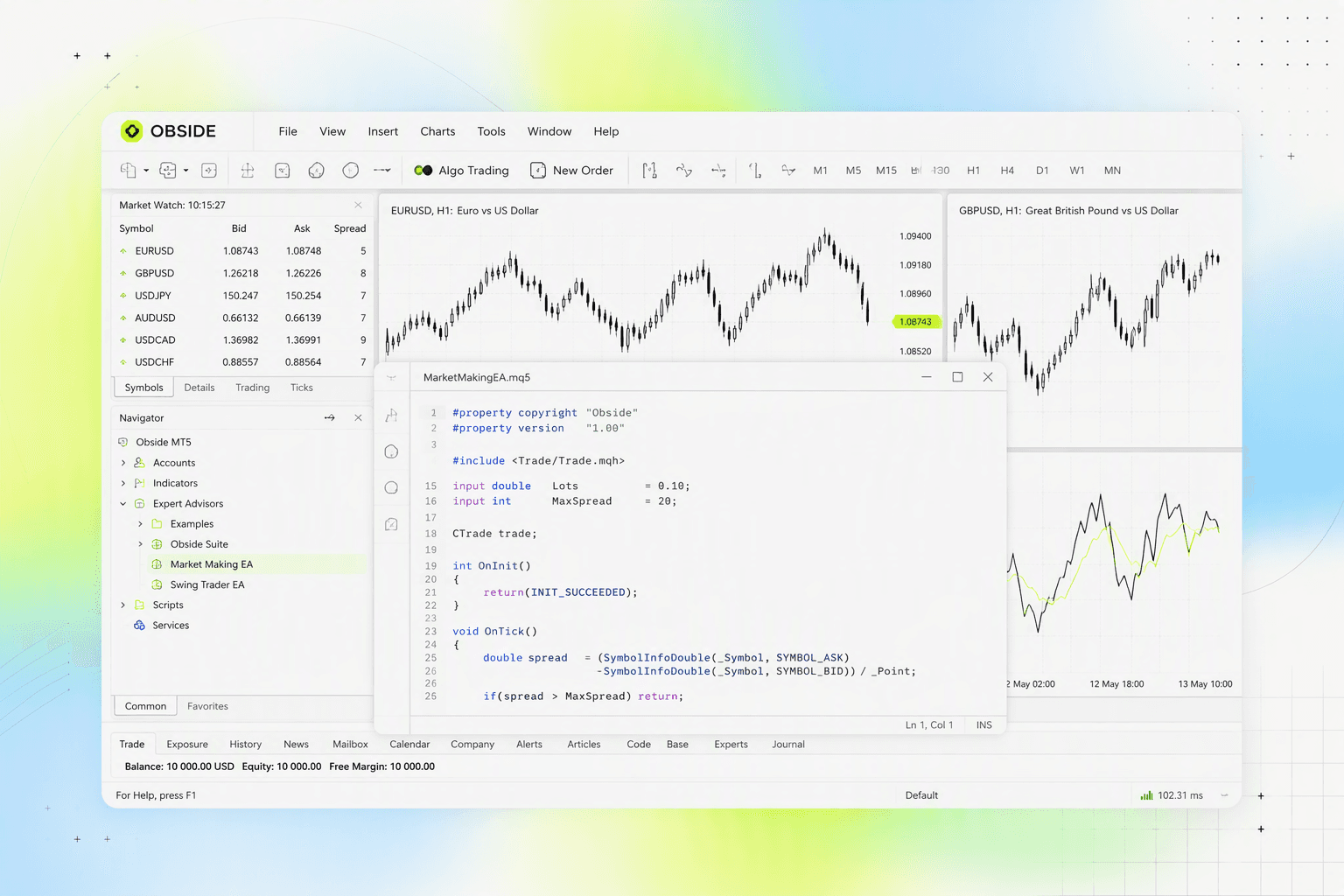 Plateforme MetaTrader 5 avec l'éditeur MetaEditor ouvert sur un Expert Advisor