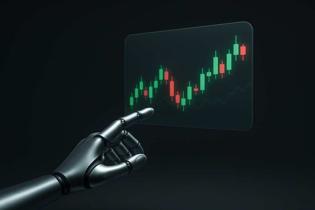 Minimalistische 3D-Szene einer schlanken, silbernen Roboterhand, die nach einem halbtransparenten holografischen Candlestick-Chart greift, das im dunklen Raum schwebt.