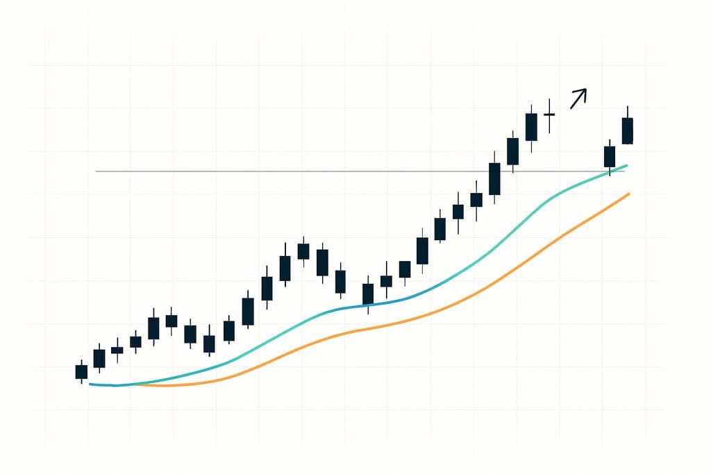 Minimalist crypto candlestick chart on a light background showing an uptrend with two moving average lines crossing upward.