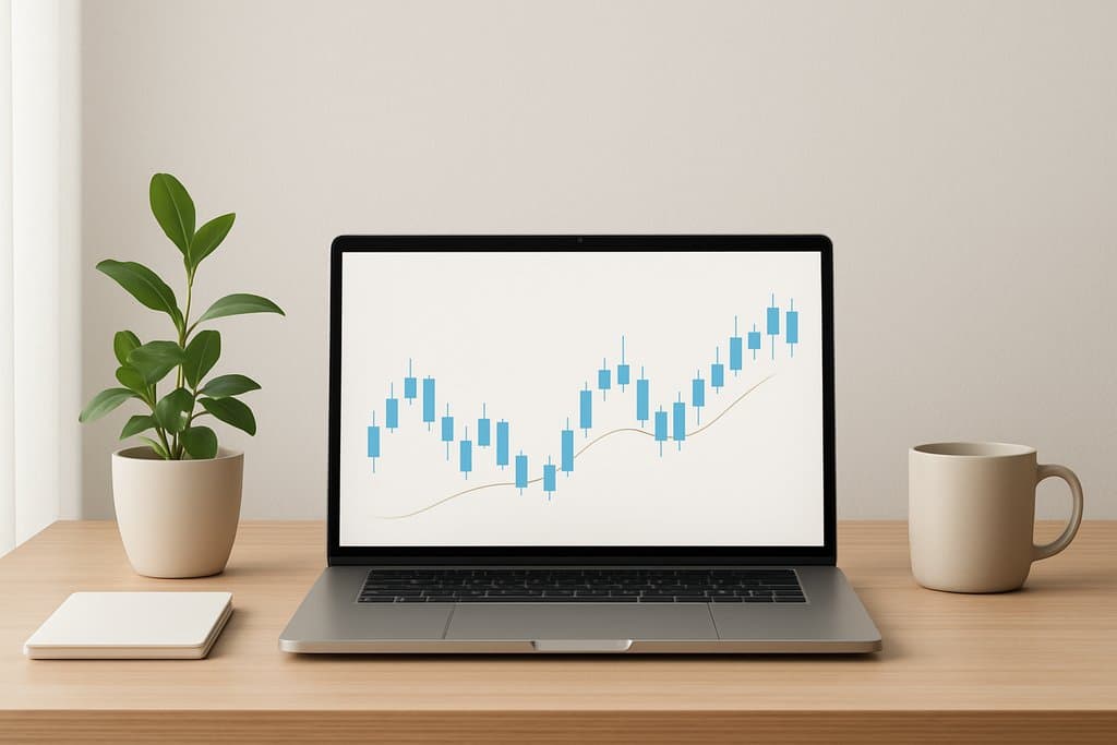 A clean, minimalist home office scene with a modern laptop on a simple wooden desk, daylight streaming softly from the left.