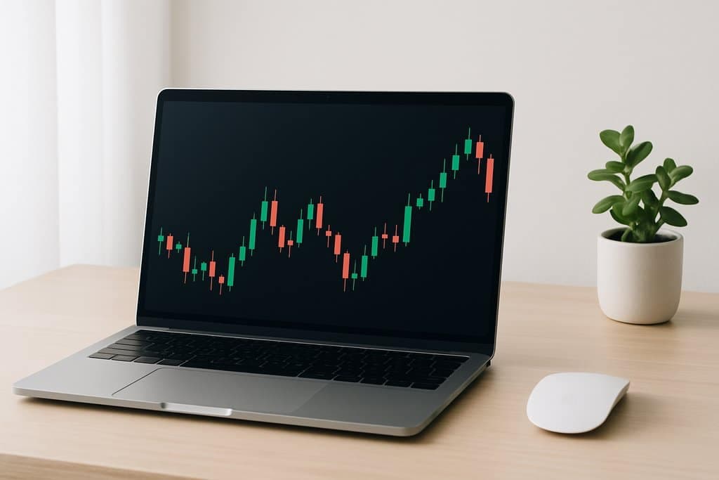 A minimalist desktop scene with a slim laptop on a light wood table, displaying a simple candlestick chart with green and red candles.