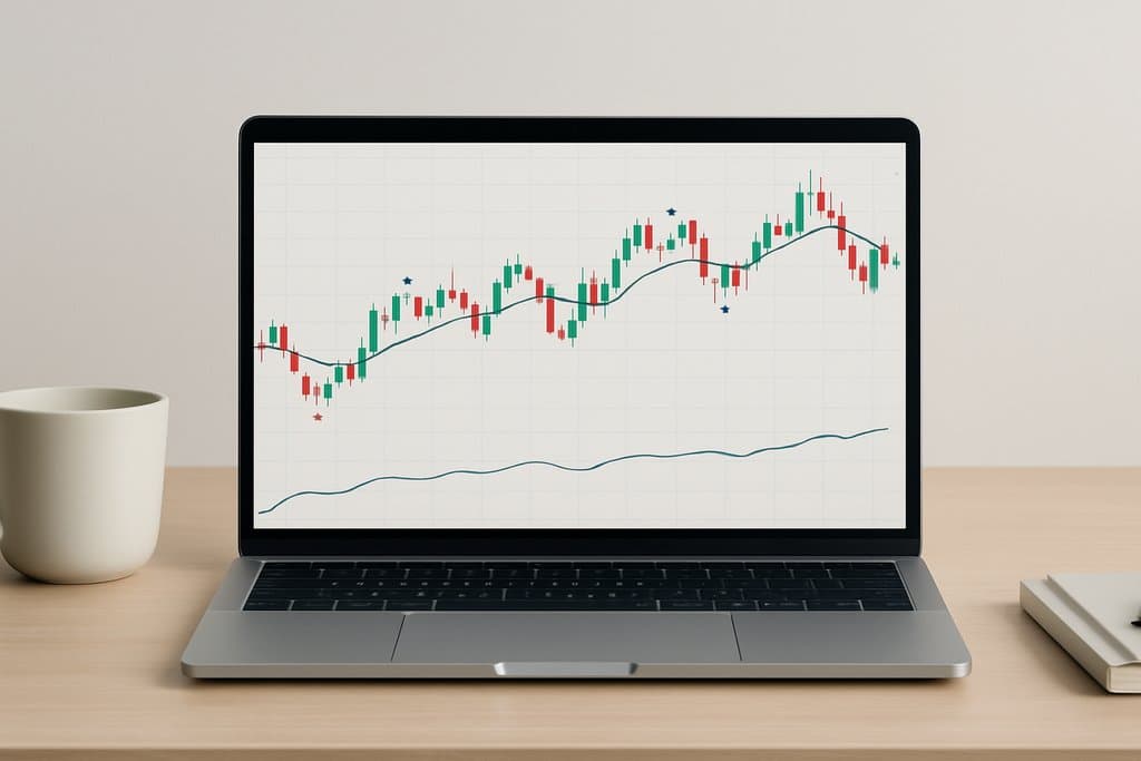 Minimalistische, klare Schreibtischszene mit Fokus auf einen Laptop-Bildschirm, der ein Forex-Candlestick-Kursdiagramm mit einer einfachen gleitenden Durchschnittslinie zeigt, einigen klaren Kauf-/Verkaufspfeil-Markierungen und kleinen kreisförmigen Ausstiegsmarkierungen entlang der Kerzen, plus einem kompakten Sekundärpanel darunter, das eine glatte Equity-Kurve zeigt.