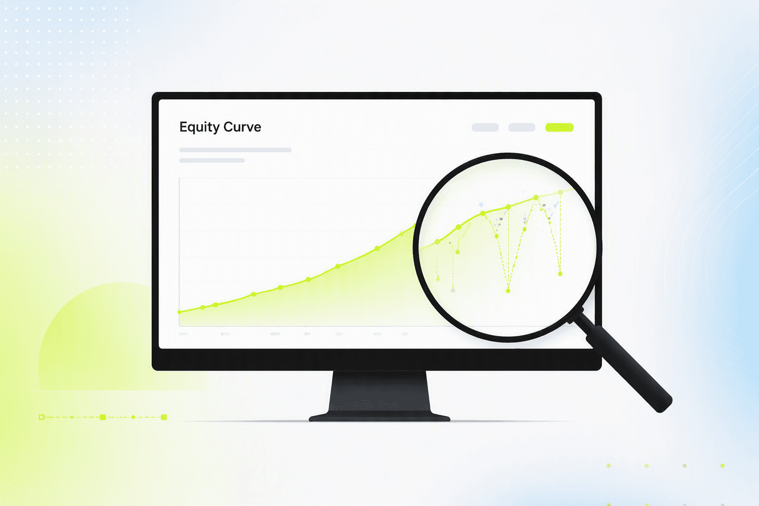 Suspiciously smooth equity curve on a screen next to a magnifying glass