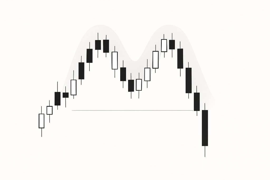 Minimalist candlestick chart on white background showing a clear M pattern with two similar-height peaks, a horizontal neckline, and a decisive breakdown candle.