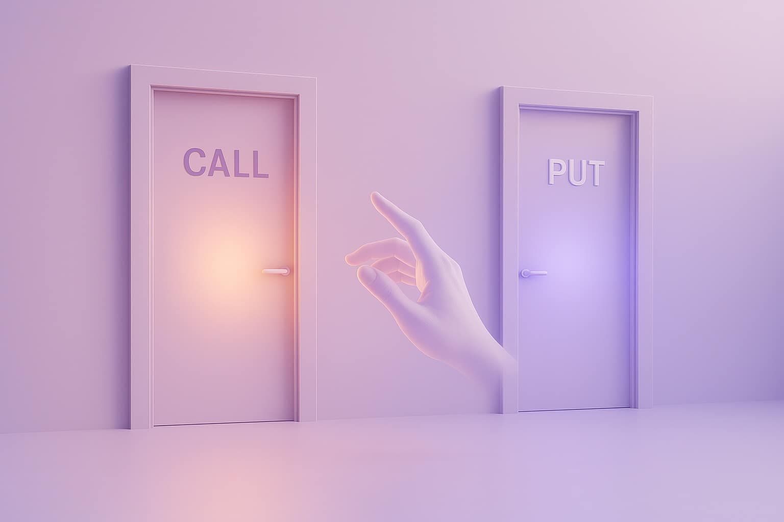 Une scène élégante et minimaliste de deux portes abstraites côte à côte, l'une étiquetée CALL l'autre PUT