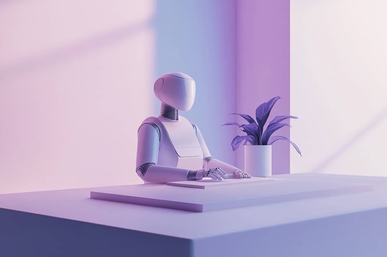 Une scène élégante et minimaliste d'un robot assis à un bureau de trading