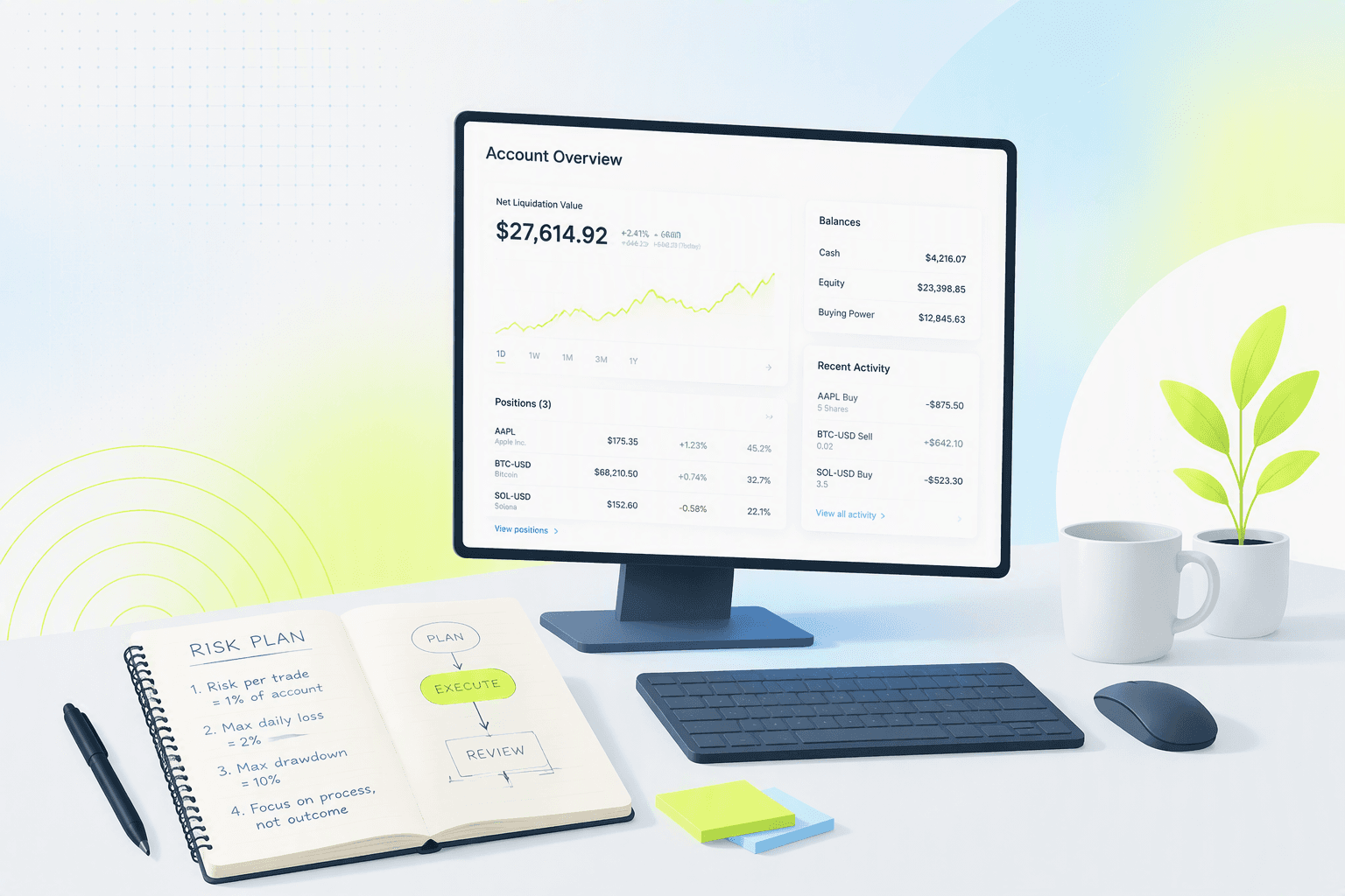 Trader reviewing a small brokerage account balance with a risk plan notebook