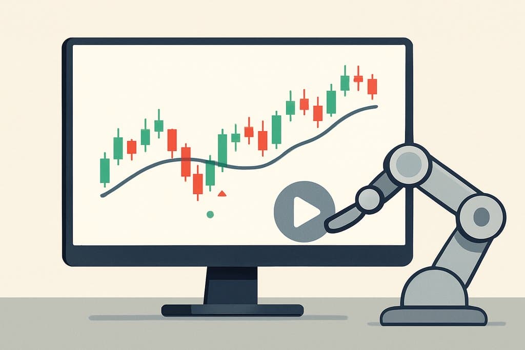 Minimalist scene of a modern desktop with a sleek monitor displaying a clean stock candlestick chart and a single smooth moving-average line; a simple, stylized robot arm in the foreground hovers over a circular play button to suggest automation.