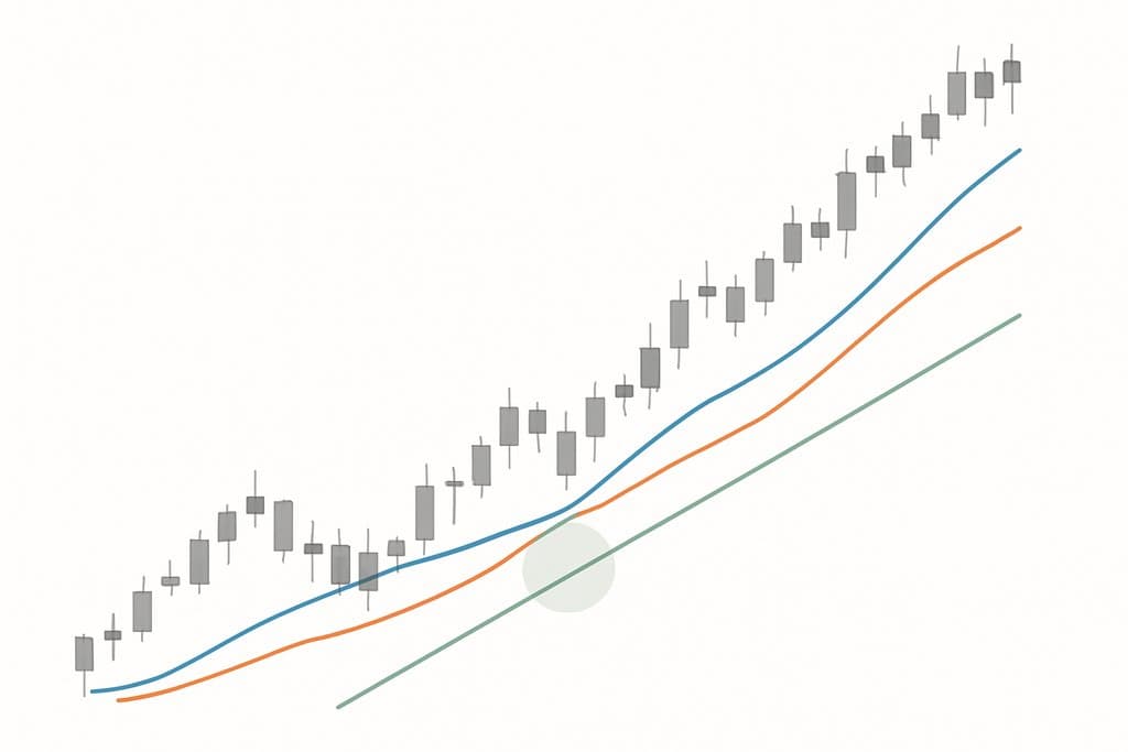 A clean, minimalist candlestick chart on a white background showing an uptrend strategy with two moving averages crossing upward.