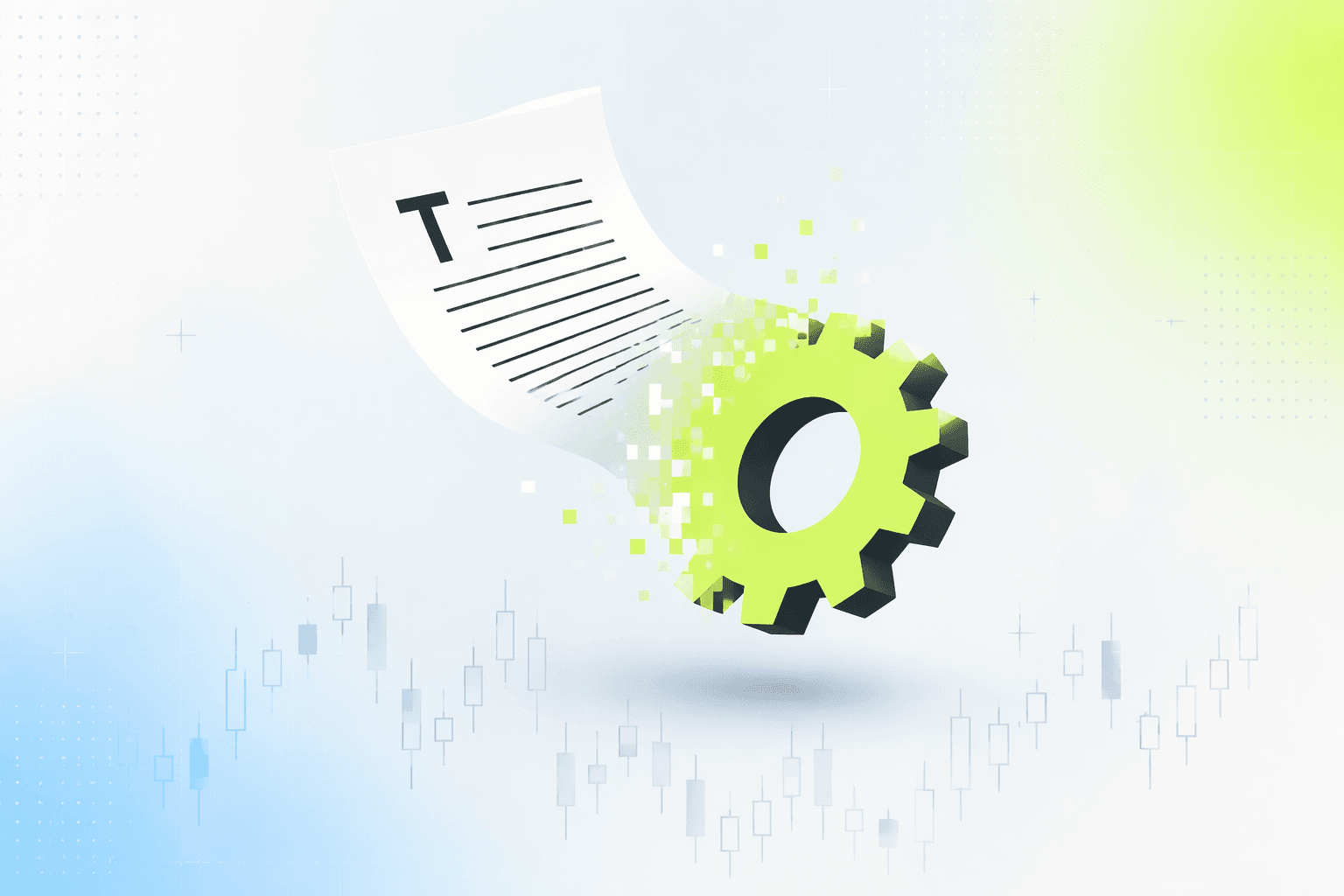 A paper document folding itself into a rotating gear above a market chart, symbolizing text becoming action