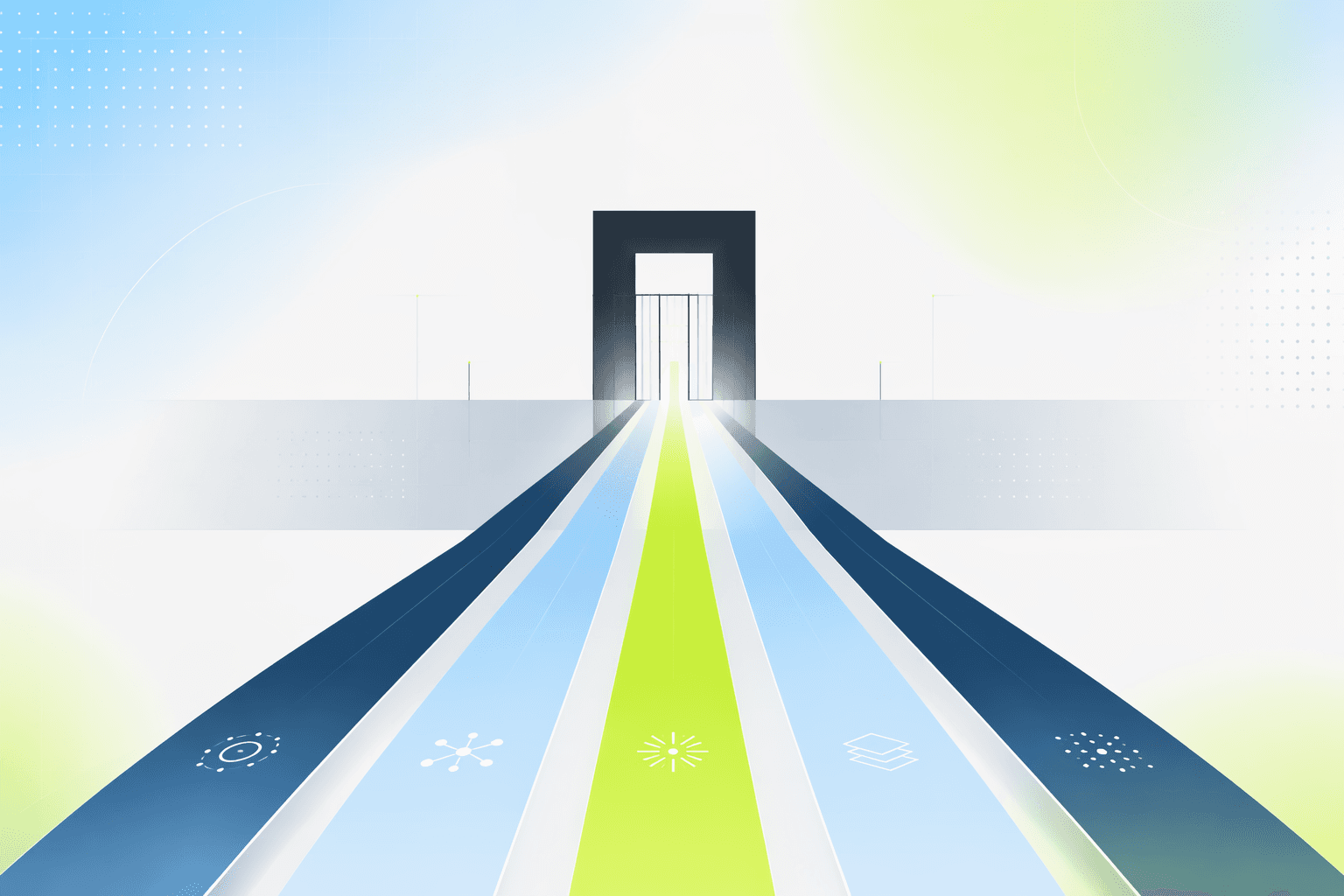 Five illuminated paths converging into one gated corridor, an abstract symbol of agentic trading trends for 2026