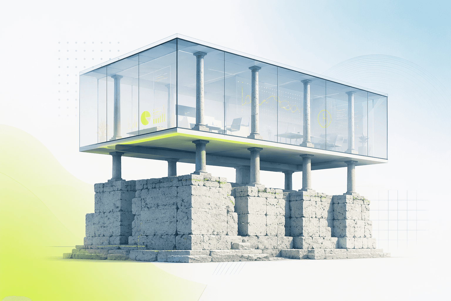 A modern glass structure built directly on top of massive old stone foundations, sharing the same load-bearing columns