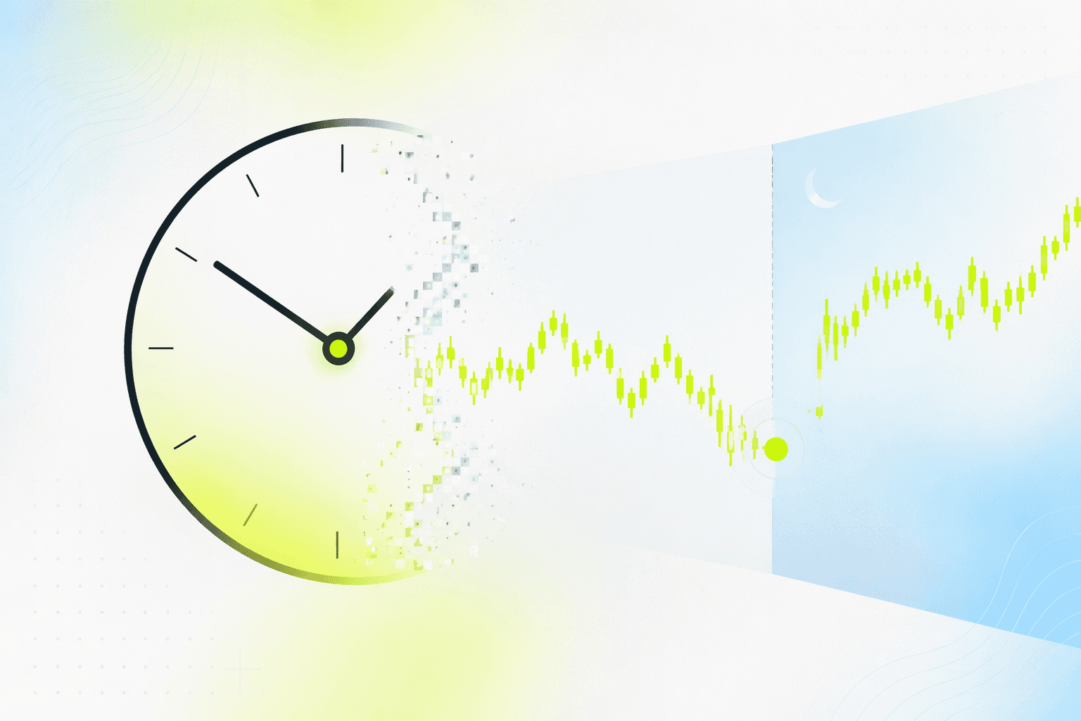 A clock face merging into a price chart whose line breaks at the session close and resumes at a lower level