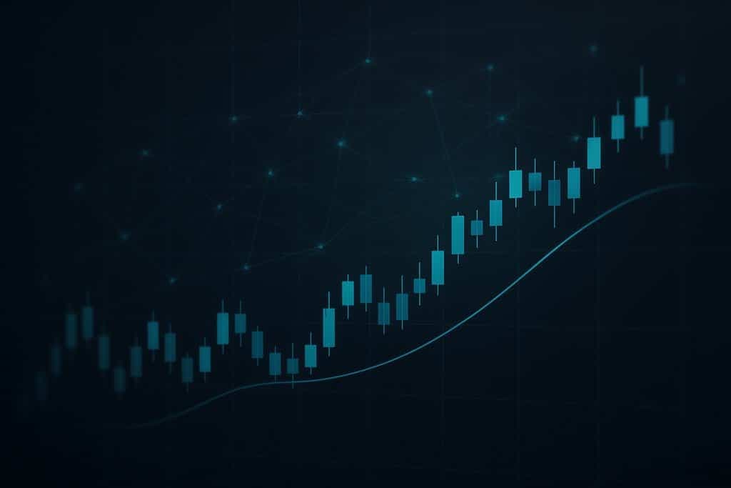 Minimalist dark-mode scene showing a clean candlestick chart with a single smooth moving-average line on a transparent grid, overlaid with a subtle glowing neural-network mesh (small nodes connected by thin lines) gently curving across the chart.