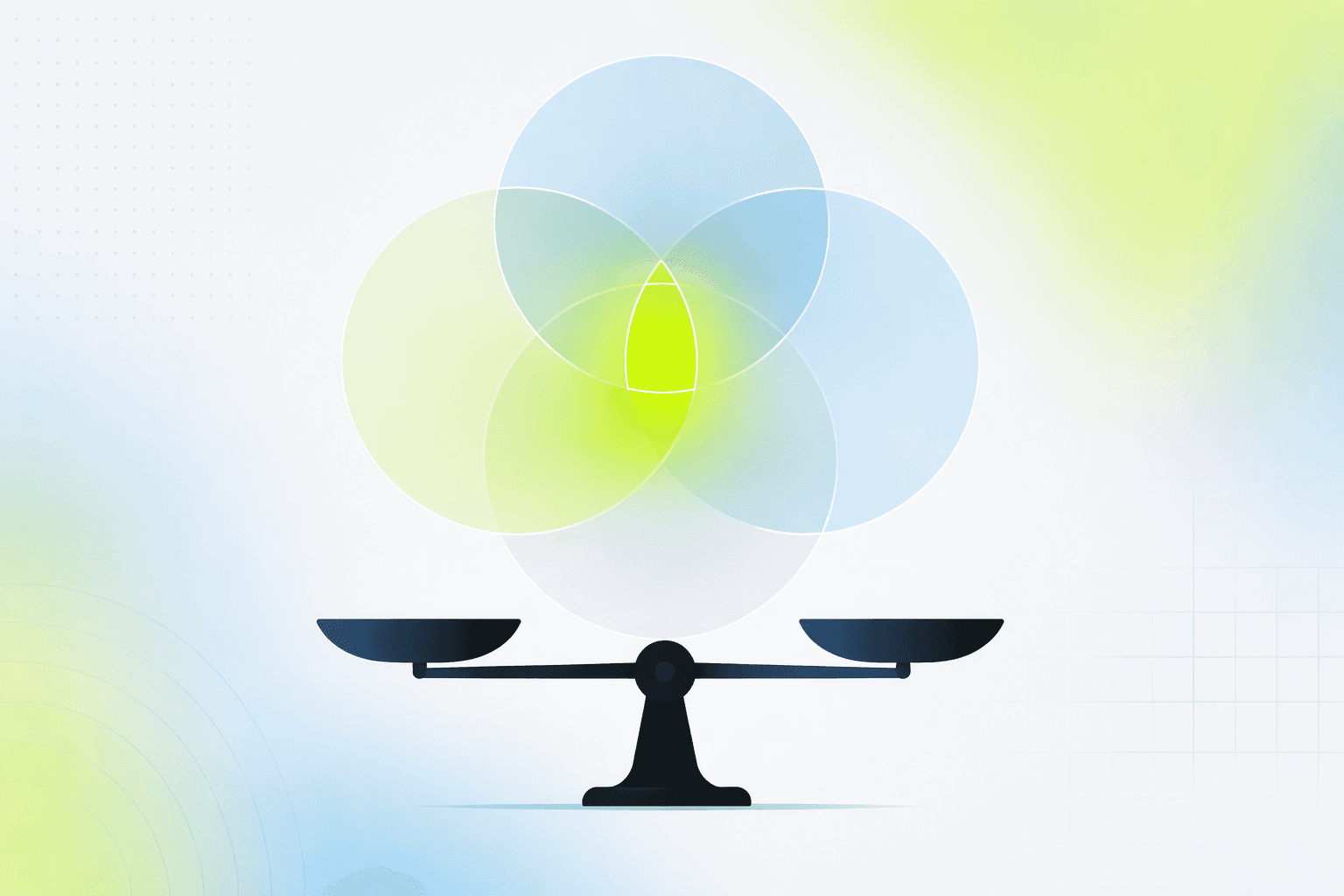 Overlapping translucent circles above a balance scale, their shared region glowing to reveal hidden concentration