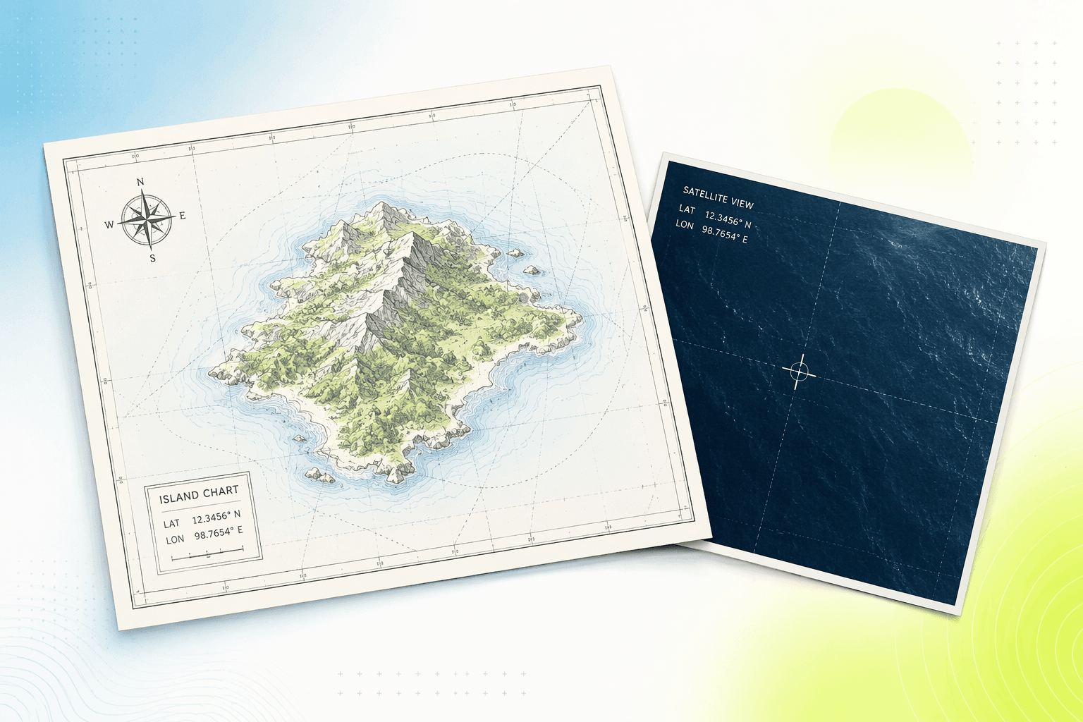 Confident hand-drawn map showing an island that satellite imagery beside it proves does not exist