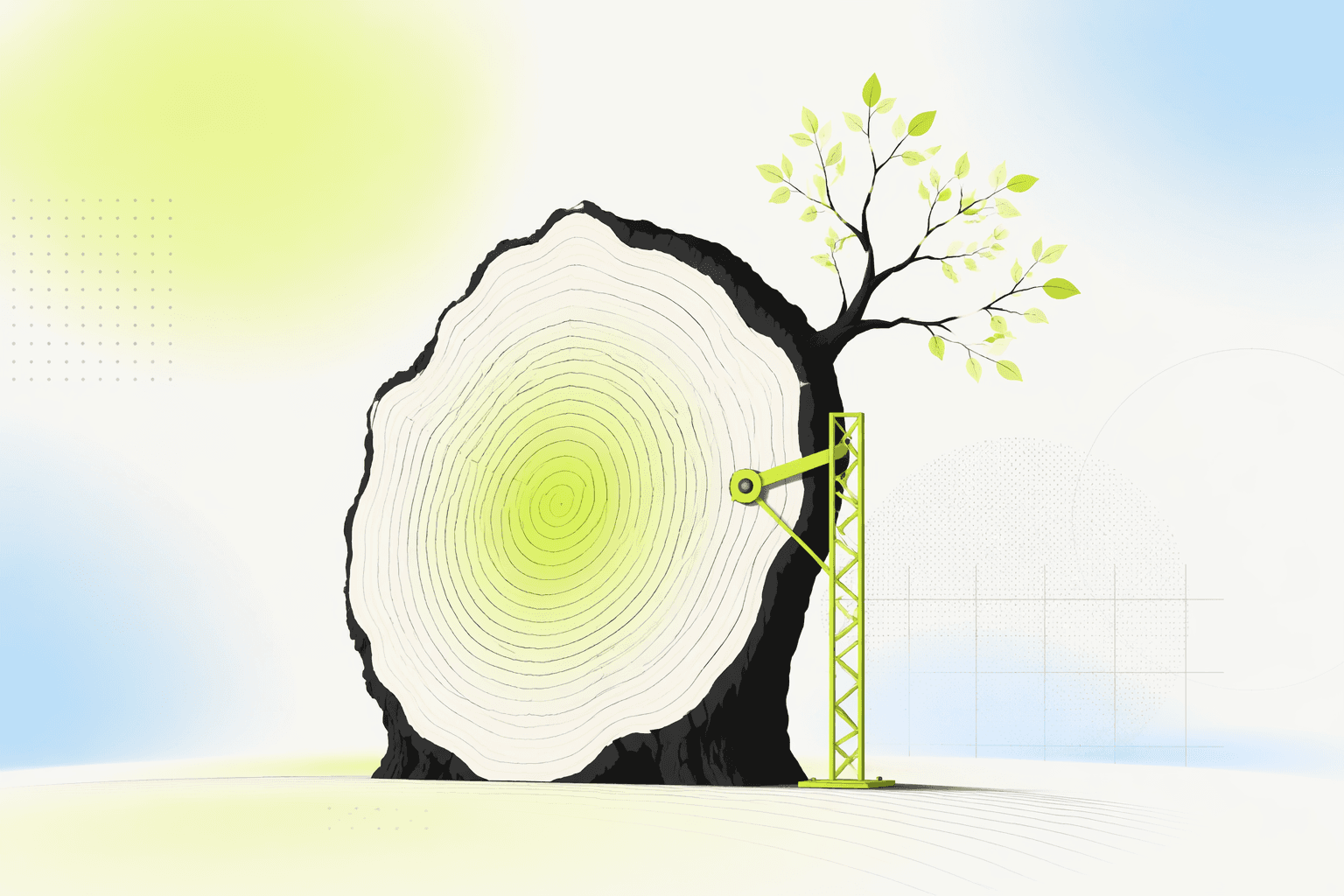 An old-growth tree with a precise geometric lattice supporting one young branch, rings visible in the trunk