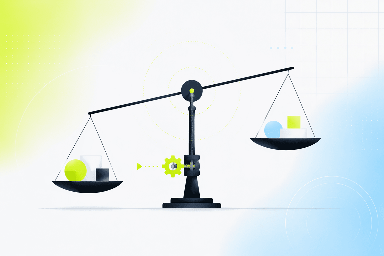 A tilted balance scale being quietly recentered by a mechanical arm, symbolizing automated portfolio rebalancing