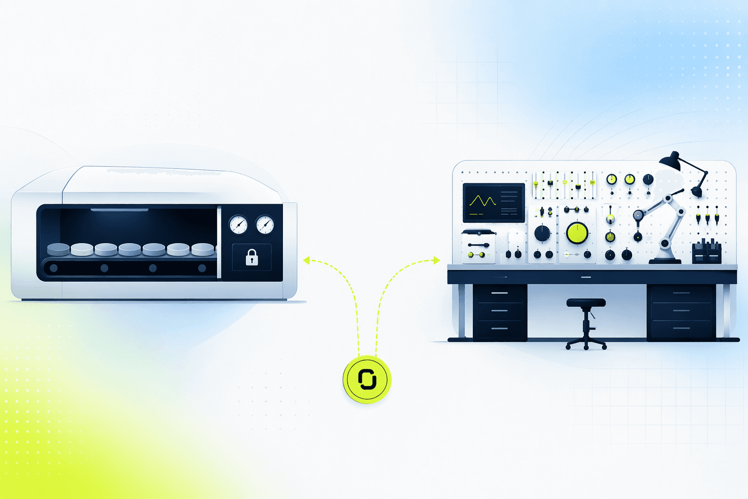 Two diverging machine paths from one input: a sealed conveyor with fixed settings and an open bench with adjustable dials