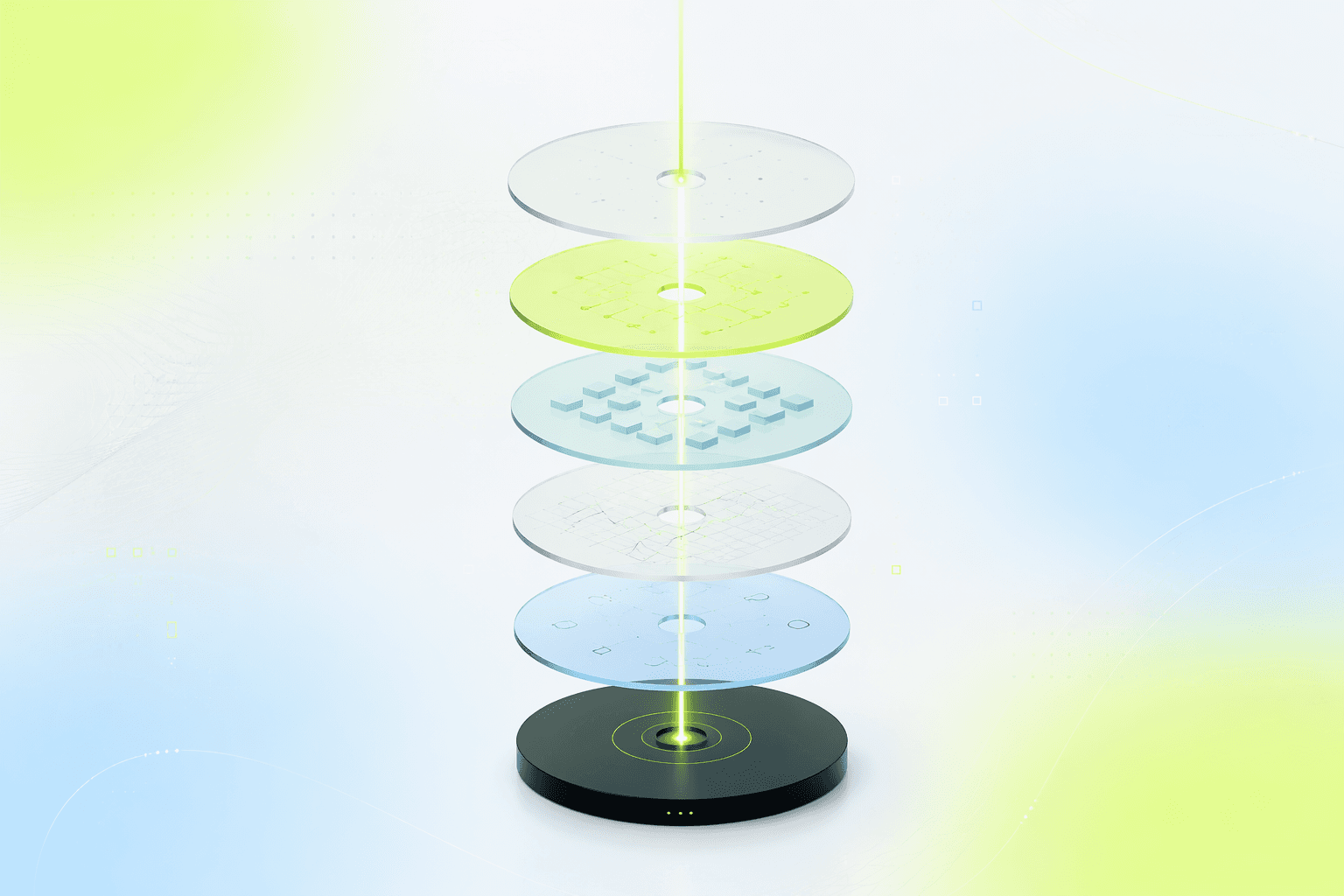 Exploded view of a machine core in five stacked translucent layers with one data thread passing through all of them