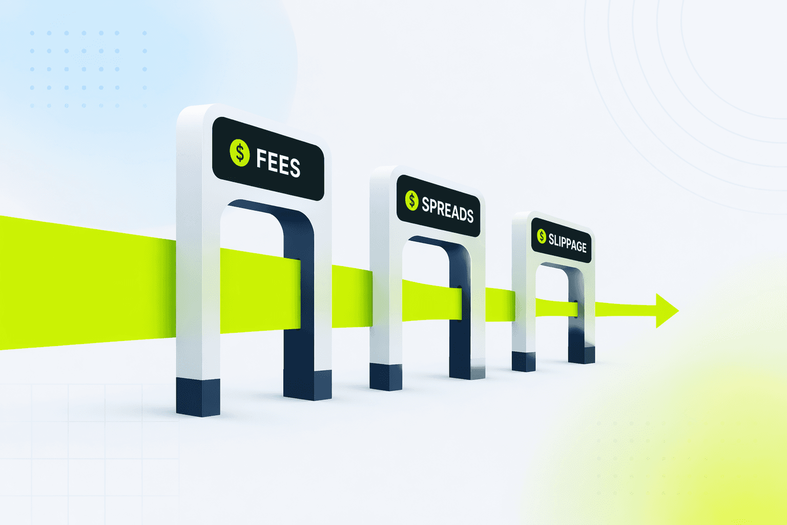 An arrow growing thinner as it passes through a row of successive toll gates