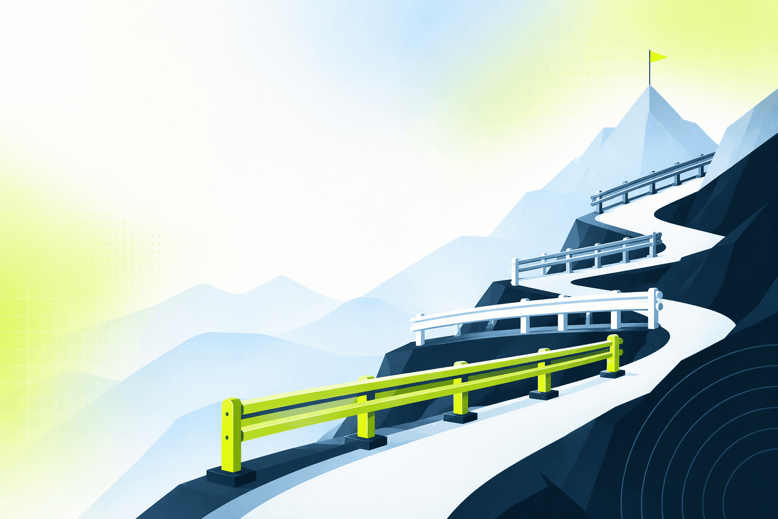 A mountain road with layered crash barriers at different heights, each rail catching what the previous one misses