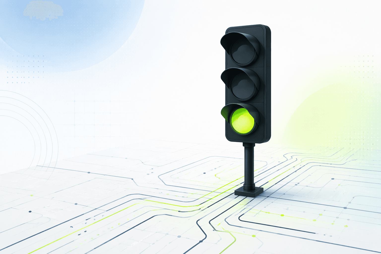 A traffic light standing over a grid of glowing circuit-like paths, all signals green
