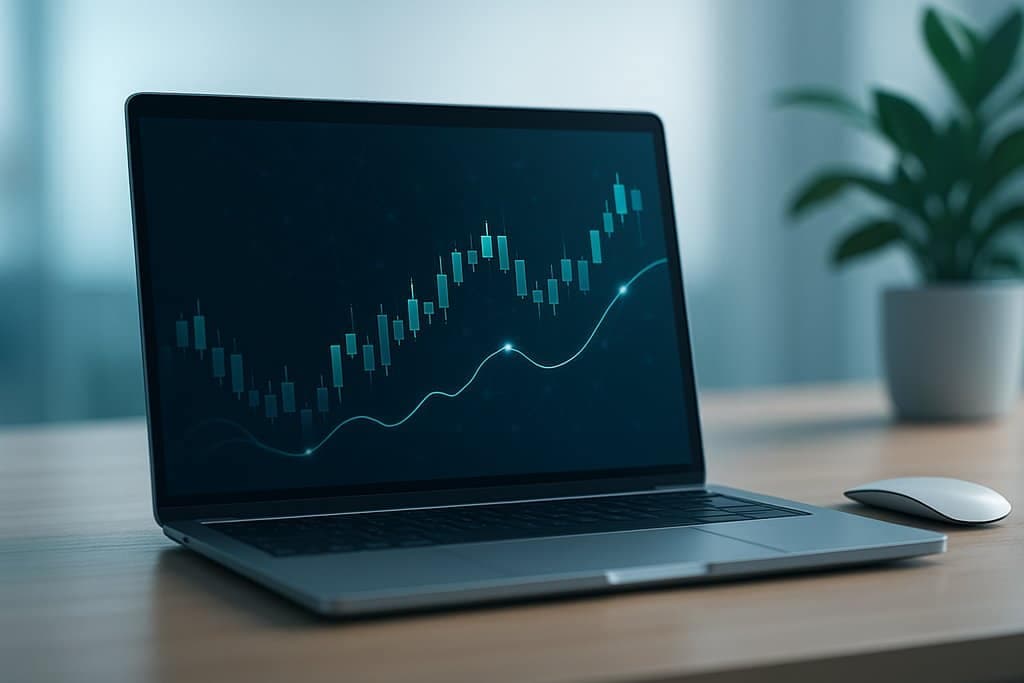 Eine aufgeräumte, moderne Schreibtischszene mit einem schlanken Laptop, der eine vereinfachte Trading-Oberfläche zeigt: ein dunkler Chart-Bereich mit glatten Candlestick-Balken und einer fließenden Liniengrafik, über die dezent leuchtende Knoten und schwache neuronale Netzwerklinien gelegt sind, um KI-Analyse anzudeuten.