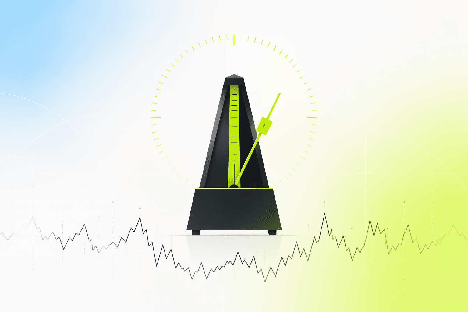 A metronome ticking over an irregular price line, symbolizing steady scheduled buying through market noise