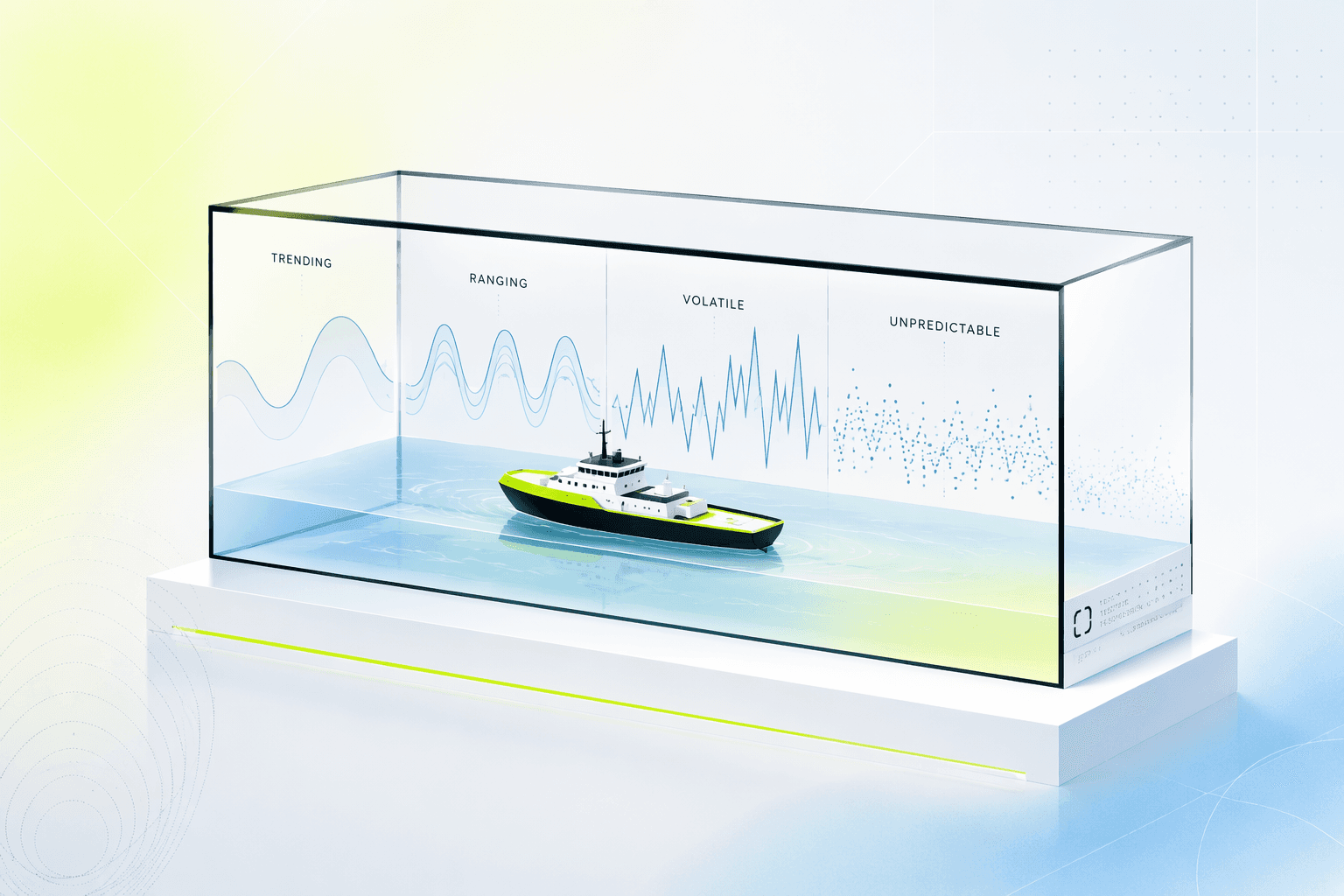A model ship in a wave tank facing four painted wave patterns of increasing hostility