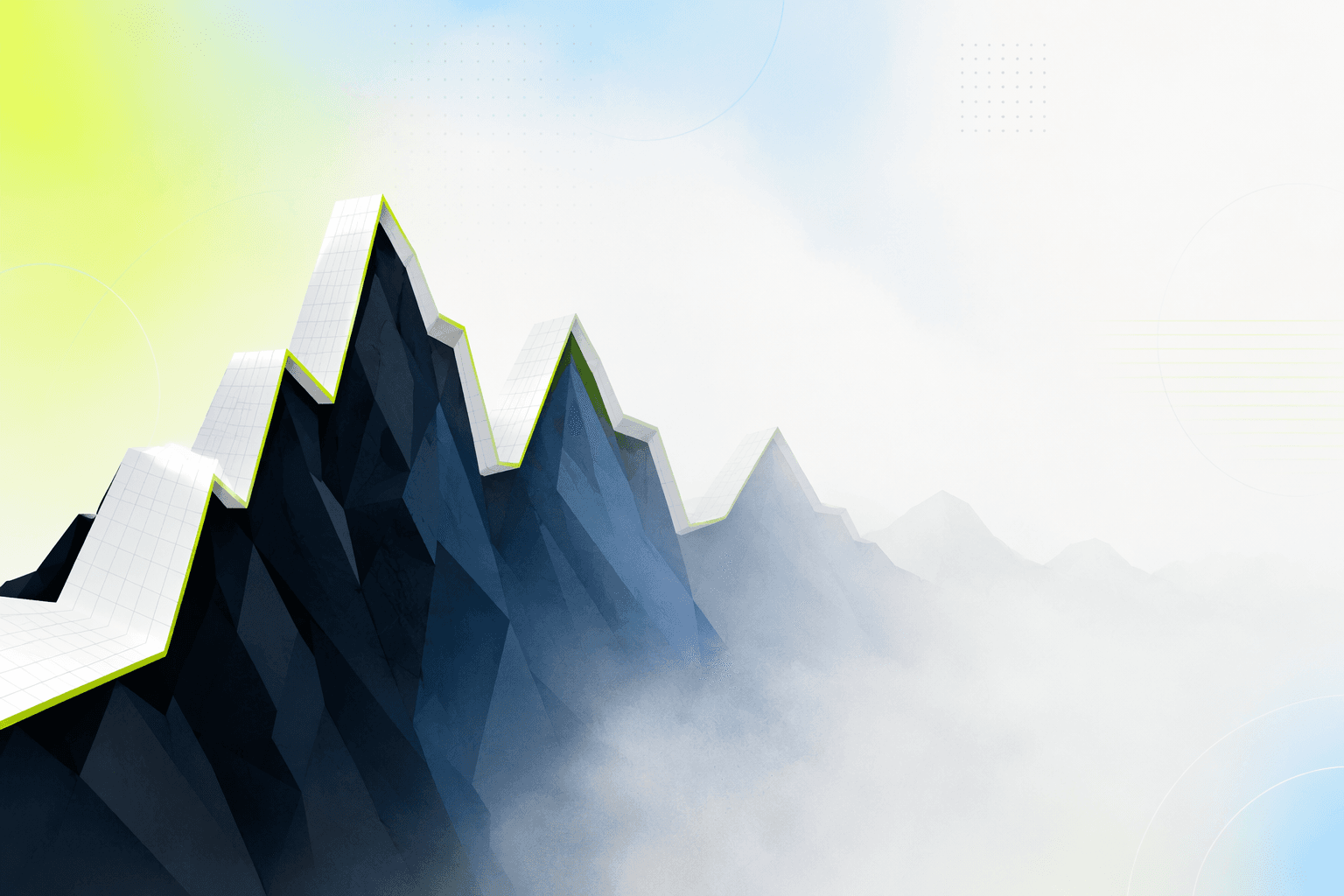 A paper path folded to match every peak of a jagged mountain ridge, dissolving into fog ahead