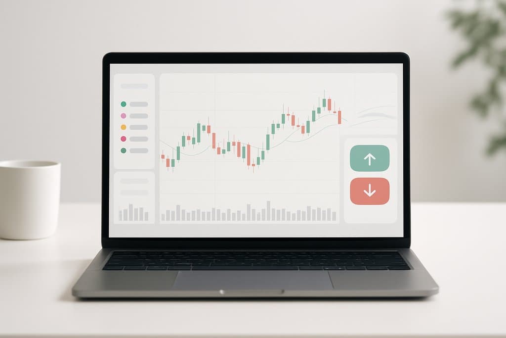 A minimalist desktop scene featuring a sleek laptop displaying a modern trading platform interface with a candlestick chart, moving averages, and an order panel.