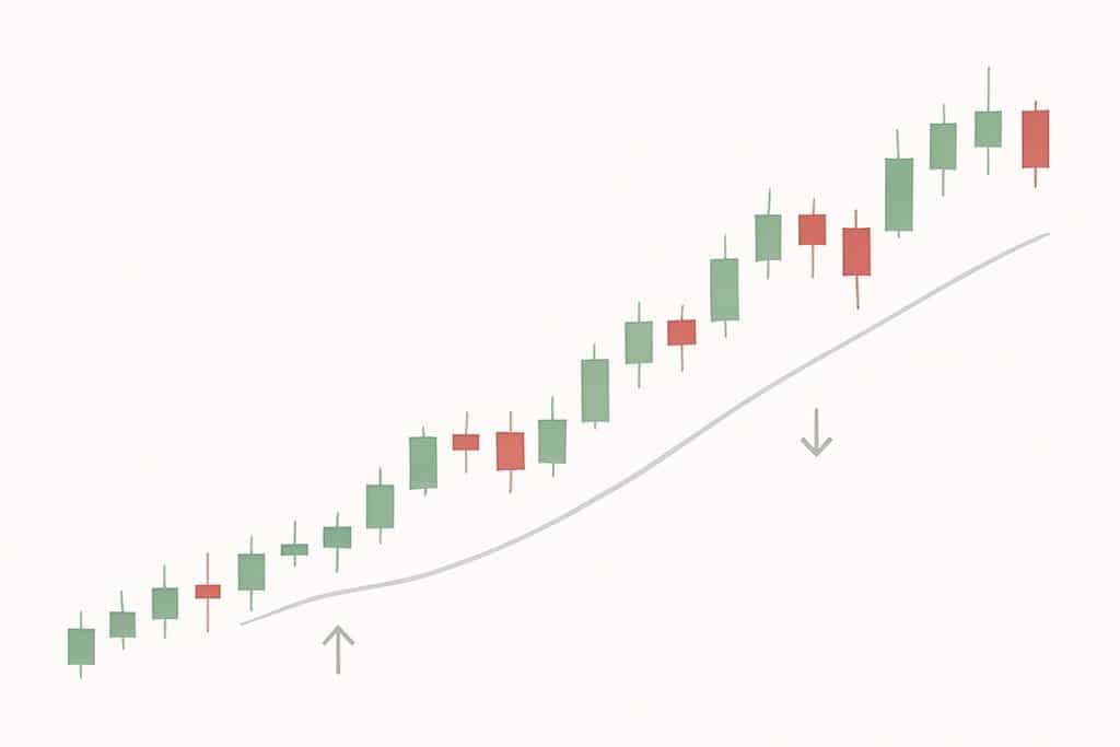 Ein klares, minimalistisches Candlestick-Chart auf weißem Hintergrund mit einem sanften Aufwärtstrend und gleichmäßig verteilten grünen und roten Kerzen.