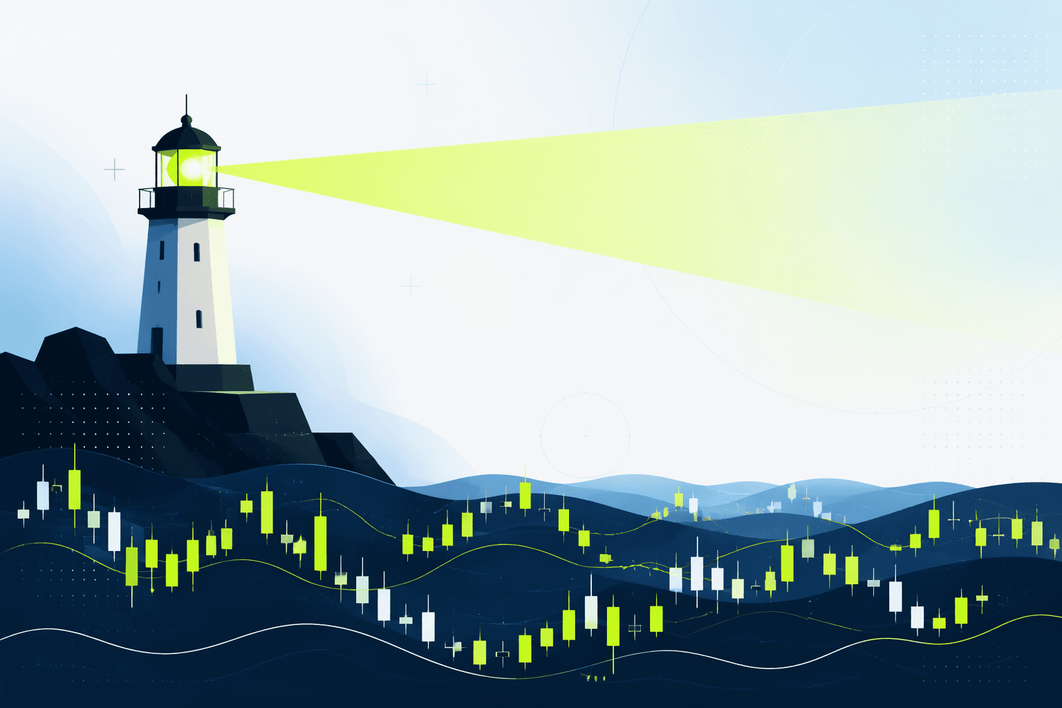 A lighthouse sweeping its beam across a dark sea of candlestick waves under a night sky