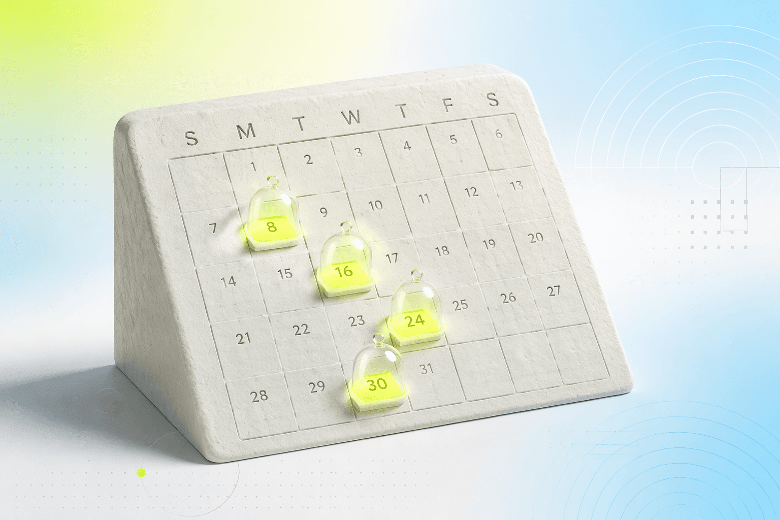 A calendar page with several dates ringed in warning color, a small shield icon closing over each ringed date