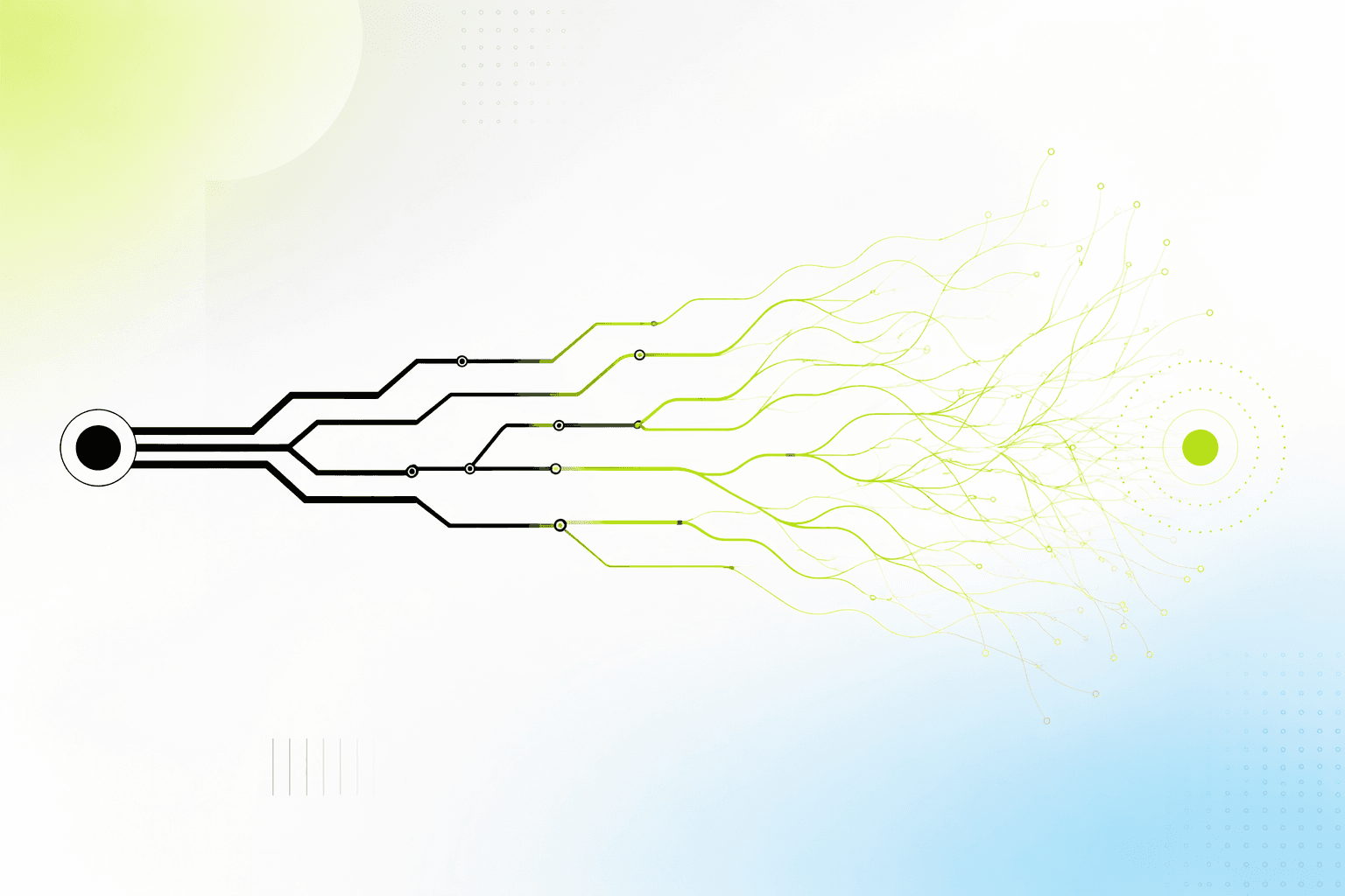 Branching timeline of trading automation, from rigid circuit lines to fine neural filaments