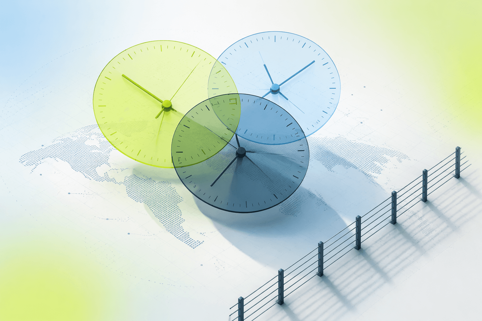 Three overlapping clock faces casting long shadows across a grid, one section fenced off by a guardrail