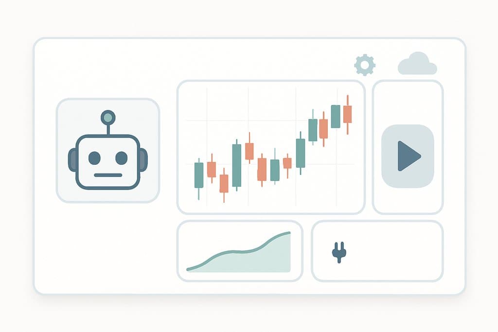 A clean, minimalist desktop dashboard mockup of a trading bot: a simple robot head icon on the left, a medium-sized candlestick chart in the center with a few rising and falling candles, a small line chart panel showing a smooth upward curve, and a large play/pause style toggle to indicate automation.