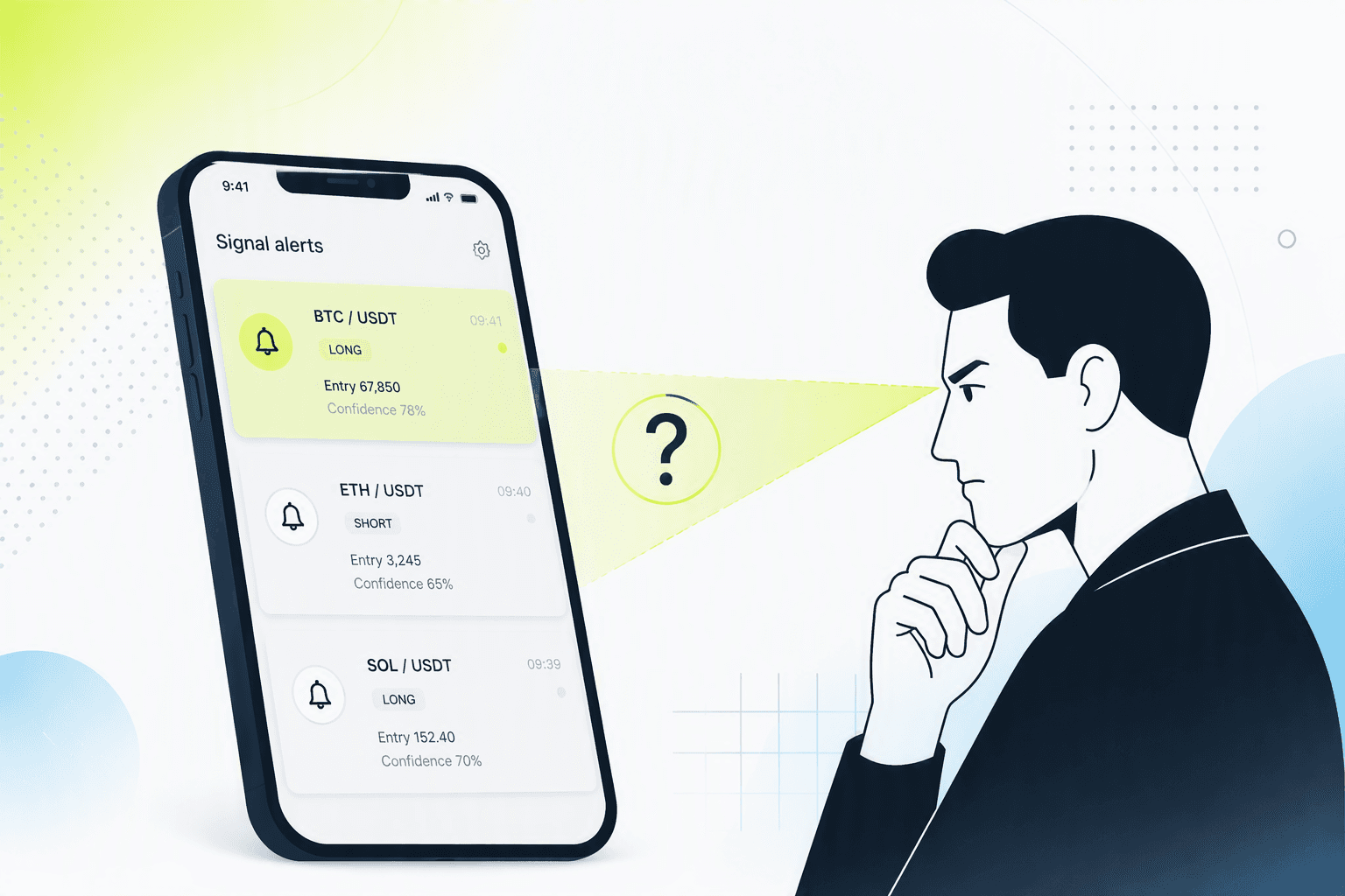 Phone showing trading signal notifications next to a skeptical trader
